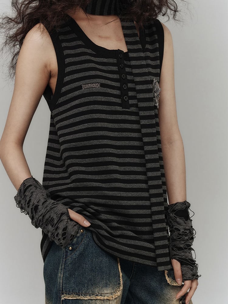 Punk Pins Star Black and Gray Striped Loose Tank Top with Scarf