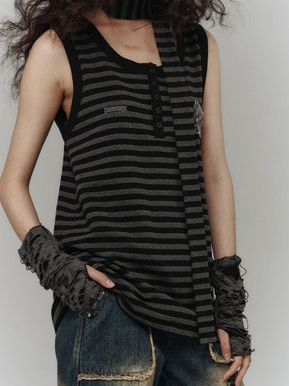 Punk Pins Star Black and Gray Striped Loose Tank Top with Scarf