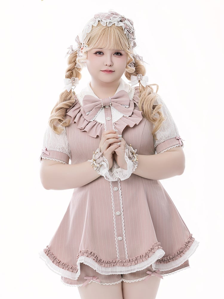 Pink Striped Jirai Kei Set: Scalloped Edge Trim Lace-up Back Top+ Shorts+ Bowknot Brooch