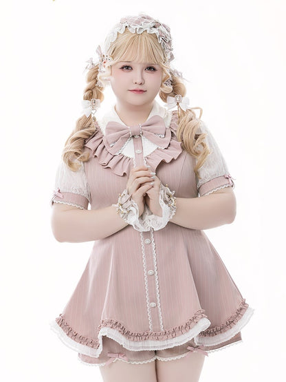 Pink Striped Jirai Kei Set: Scalloped Edge Trim Lace-up Back Top+ Shorts+ Bowknot Brooch