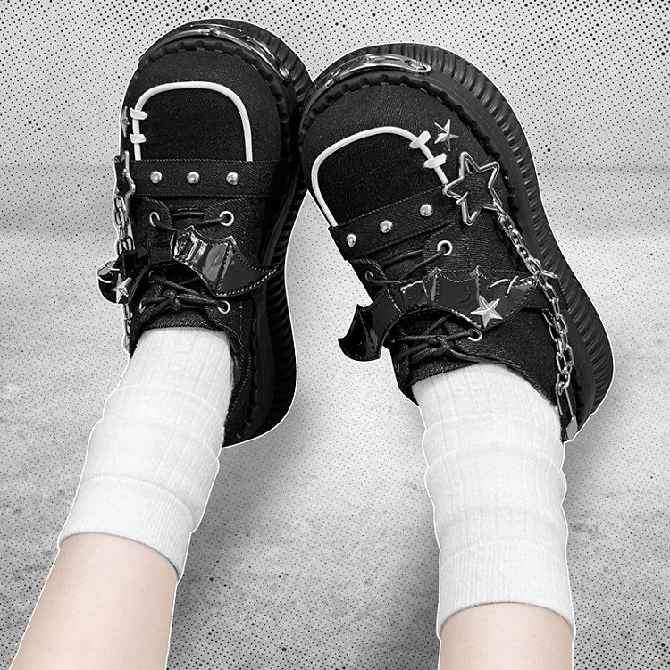 Star-shaped Studs and Chains Gothic Black Bat Wings Platforms Punk Shoes