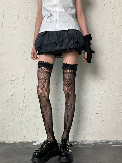 Black Y2K Heart Pattern Lace Trim Fishnet Design Overknee Stockings