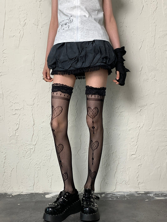 Black Y2K Heart Pattern Lace Trim Fishnet Design Overknee Stockings