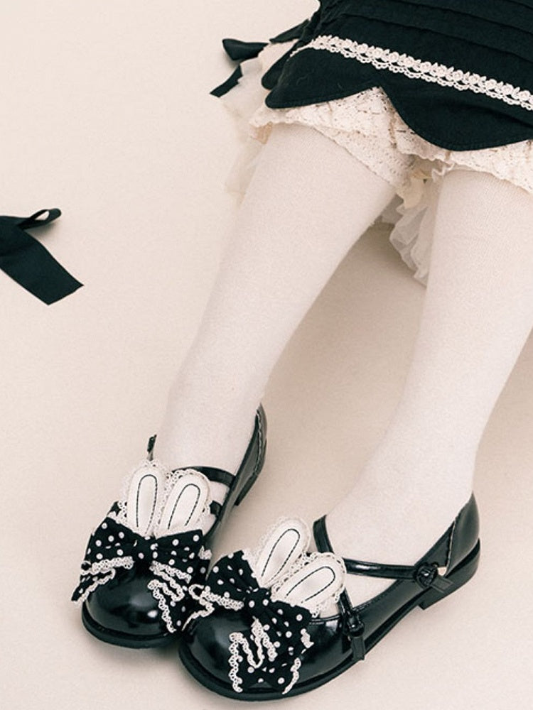 Black Crisscross Design Bunny Ear Polka-dot Pattern Bow at Top Lolita Shoes