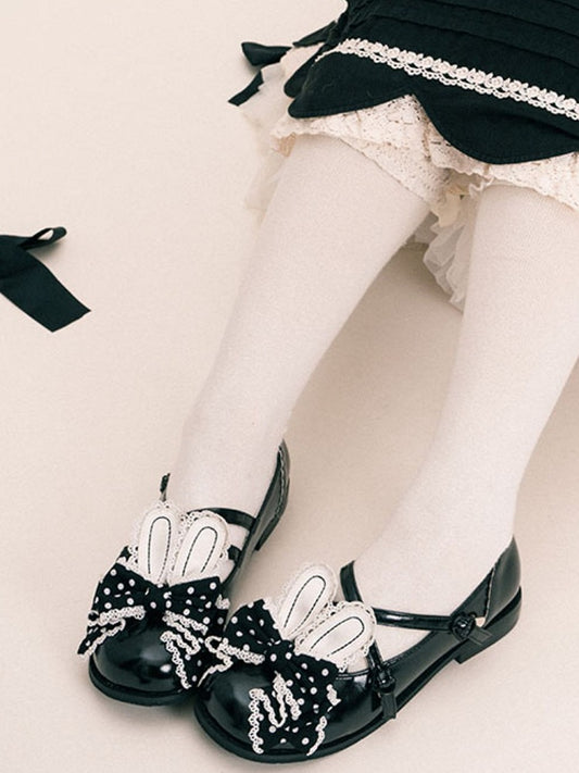 Black Crisscross Design Bunny Ear Polka-dot Pattern Bow at Top Lolita Shoes