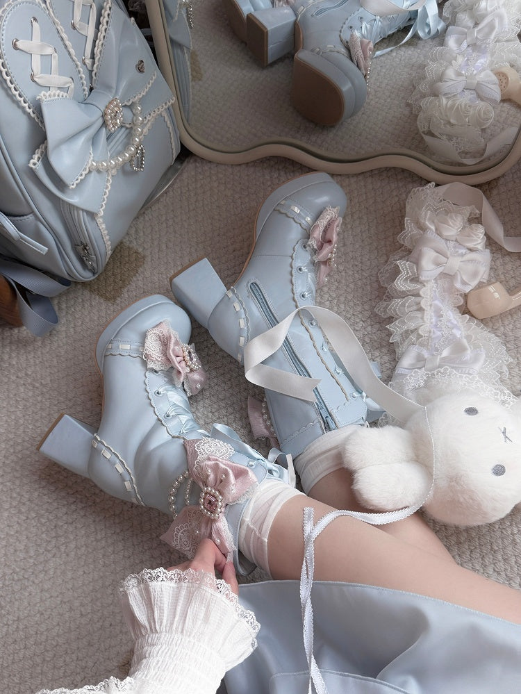 Sweet Lolita Blue Boots in PU - Rhinestone Bead Accents Pink Bowknot Details & Dual Closure System