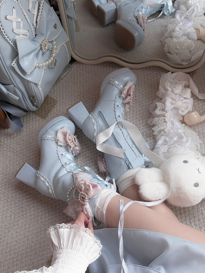 Sweet Lolita Blue Boots in PU - Rhinestone Bead Accents Pink Bowknot Details & Dual Closure System