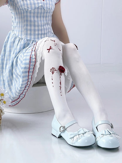 Low-heel Light Blue Mary Janes in PU - Round Toe Design, Lace Edging & Bow Decor