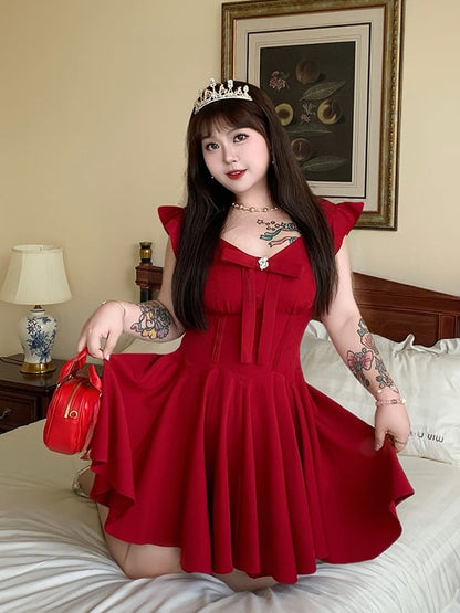 Plus Size V-neck Flutter Sleeves Big Bow Front Red Dress