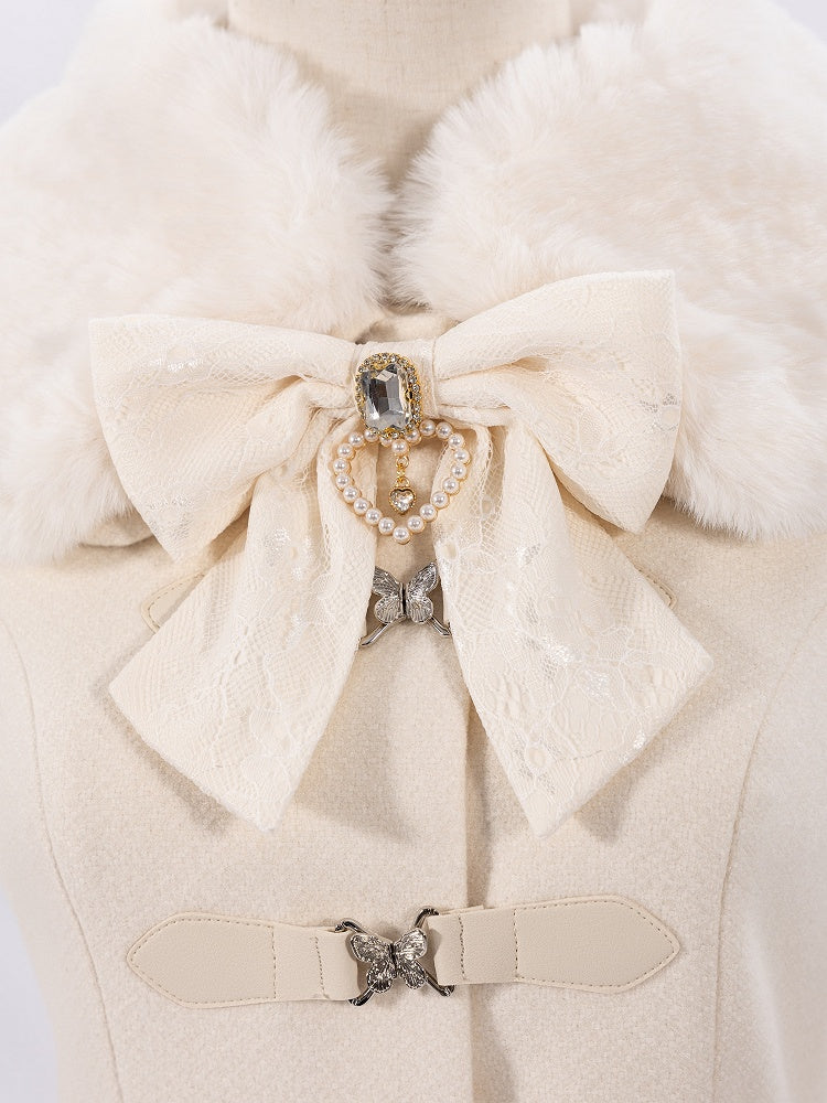 Creamy Jirai Kei Butterfly Buckles Closure Coat with Detachable Plush Collar and Cuffs