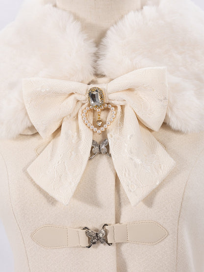 Creamy Jirai Kei Butterfly Buckles Closure Coat with Detachable Plush Collar and Cuffs