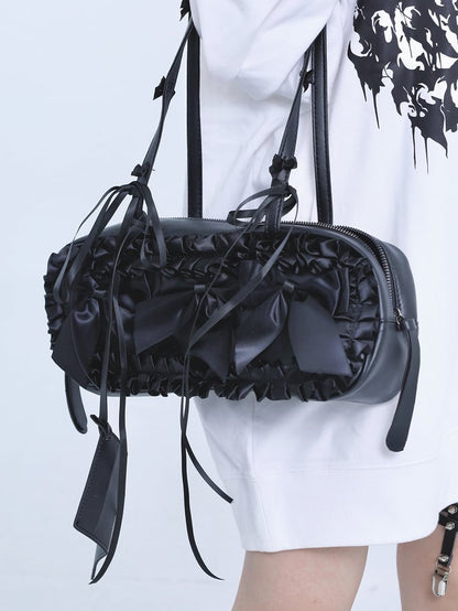 Black Jirai Kei Bowknot Details Self-tie Straps Ruffles Trim Shoulder Bag