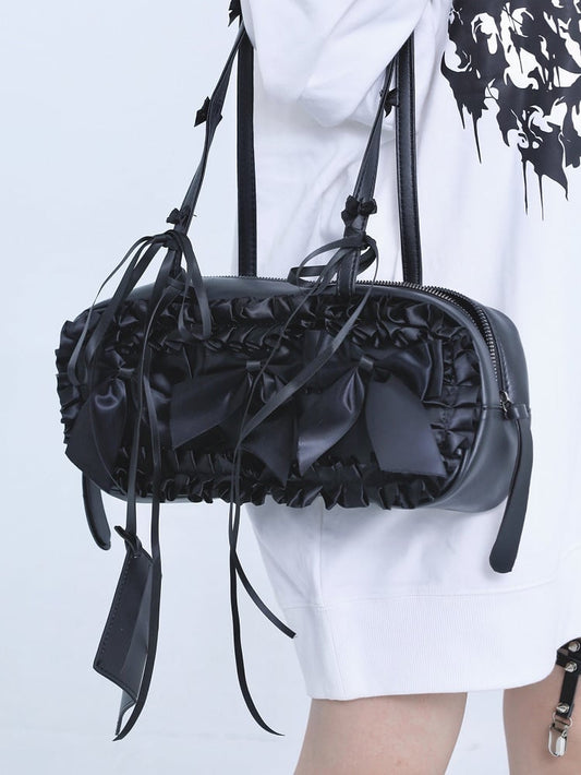 Black Jirai Kei Bowknot Details Self-tie Straps Ruffles Trim Shoulder Bag