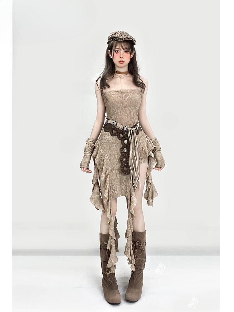 Millard Fashion Light Brown Wasteland Punk Asymmetrical Flounce Hem Strapless Dress