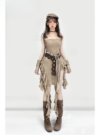 Millard Fashion Light Brown Wasteland Punk Asymmetrical Flounce Hem Strapless Dress