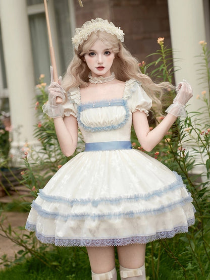Beige and Light Blue Lace Trims Square Neckline Short Puff Sleeves Lolita Dress