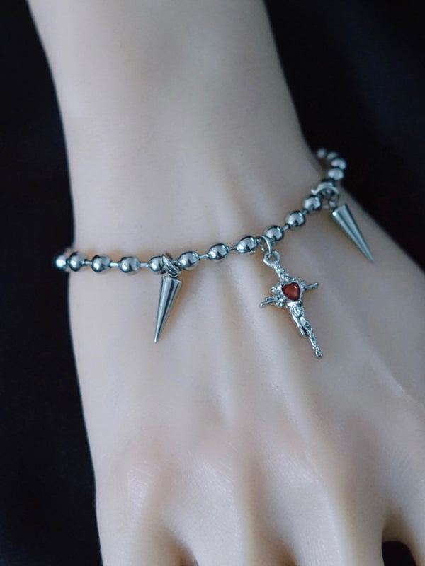 Silver Gothic Cross And Studs Charm Bracelet