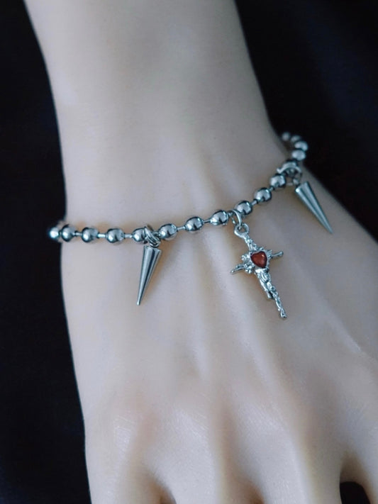 Silver Gothic Cross And Studs Charm Bracelet