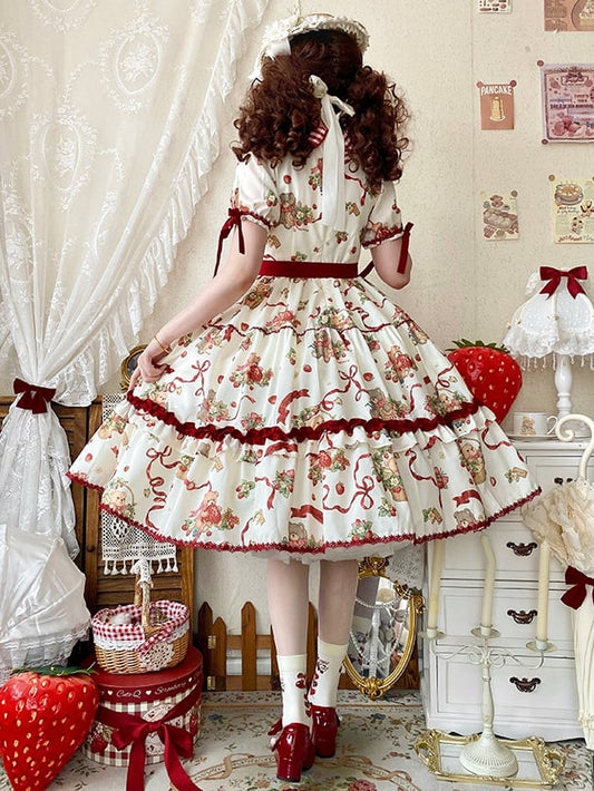 Teddy and Strawberry Print Creamy White Lolita Short Sleeves Dress