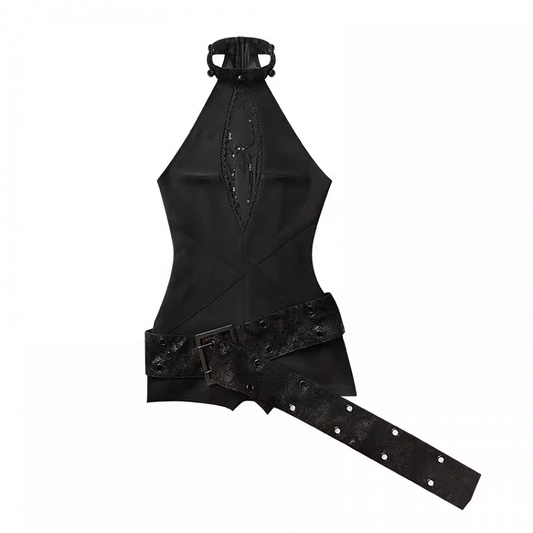 Black Halter Neck Spider Rhinestones Glamorous Jumpsuit with Buckle Belt