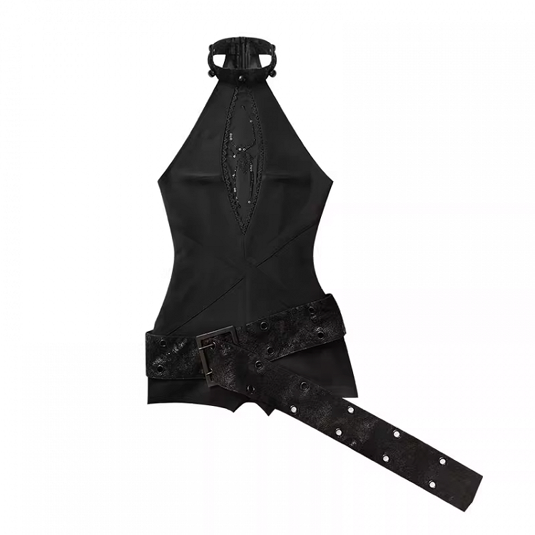 Black Halter Neck Spider Rhinestones Glamorous Jumpsuit with Buckle Belt