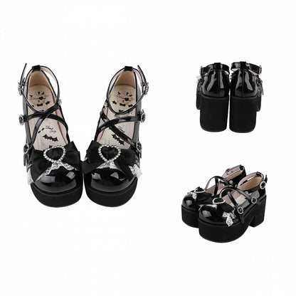 Bow at Top Polished Black Jirai Kei Rhinestones Block Heel Platforms Landmine Style Shoes