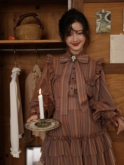 Reddish Brown Striped Pattern Vintage Bishop Sleeves Ruffle Trim Blouse