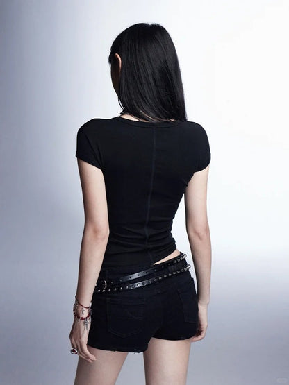 Black Low Waist Studded Glamorous Shorts with Zippers Detail