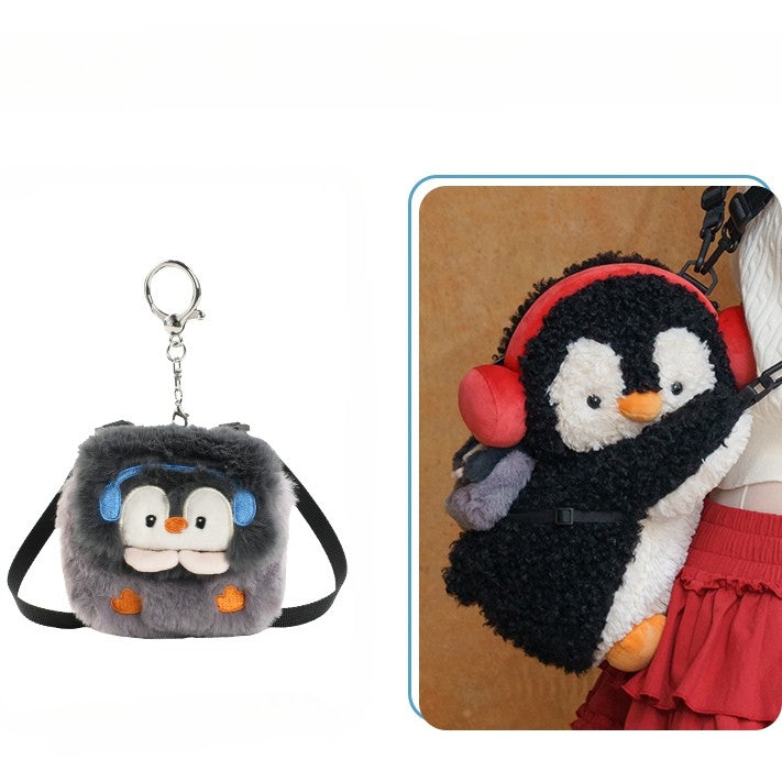 Black Cute Penguin Plush Backpack/Crossbody Bag +Keychain