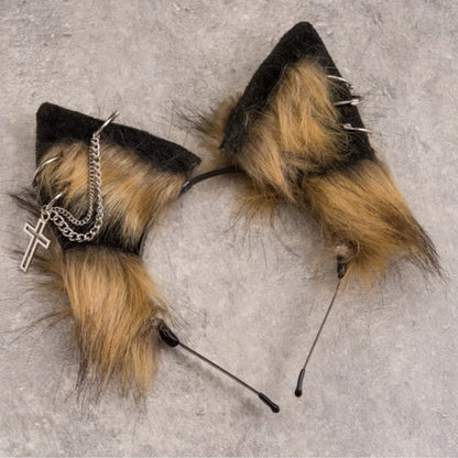 Cross Chains Decorated Black and Yellow Gothic Kitty Ears KC