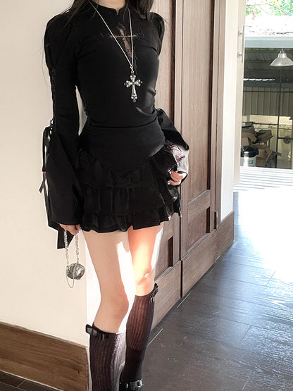 Black Three-Tiered Lace Trim Mini Skirt