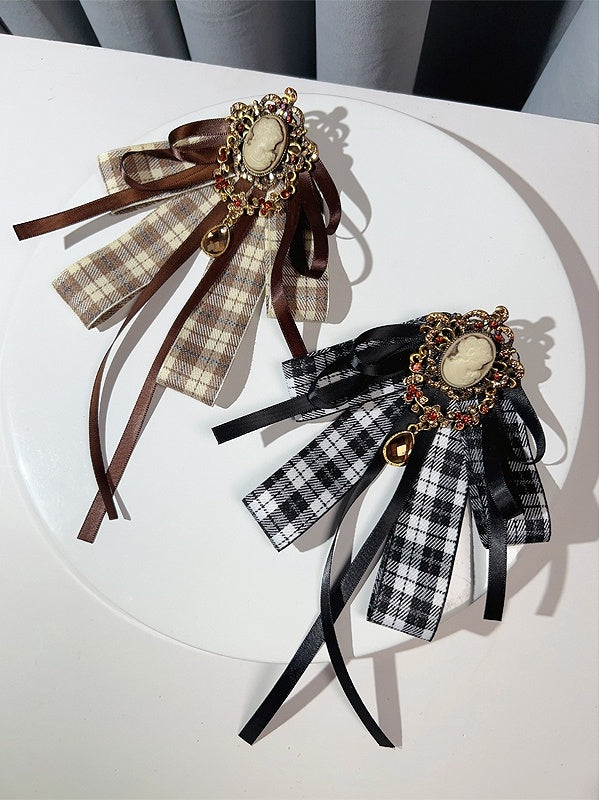 Brown/Black Preppy Style Rhinestone Decorated Plaid Pattern Bow Tie