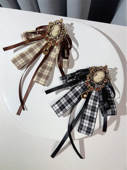 Brown/Black Preppy Style Rhinestone Decorated Plaid Pattern Bow Tie