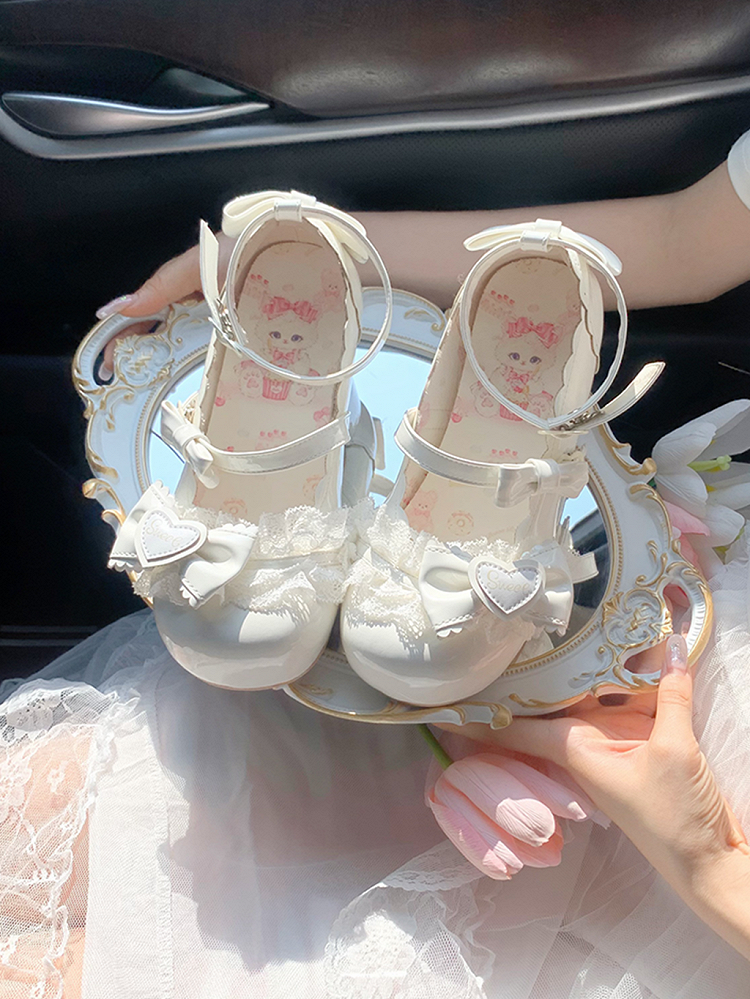 White Bow Accents Lace Trim Sweet Lolita Block Heel Mary Janes