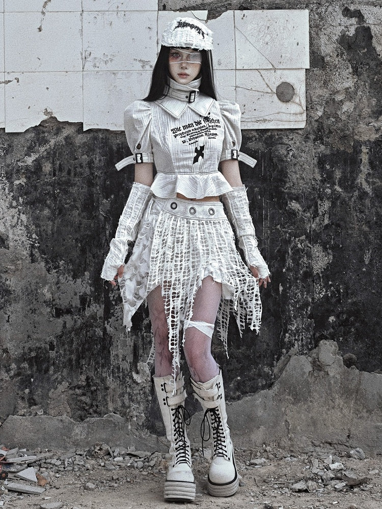 White Punk Distressed Holes Handkerchief Hem Skirt with Detachable Overlay