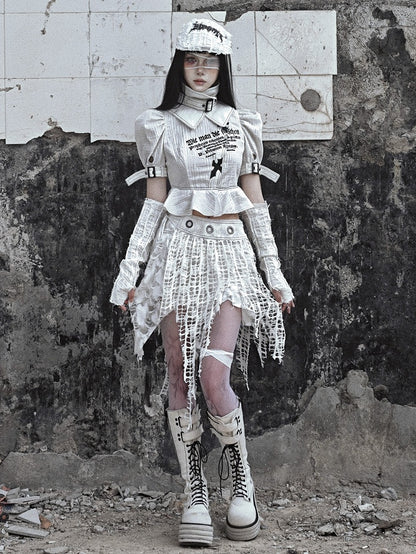 White Punk Distressed Holes Handkerchief Hem Skirt with Detachable Overlay