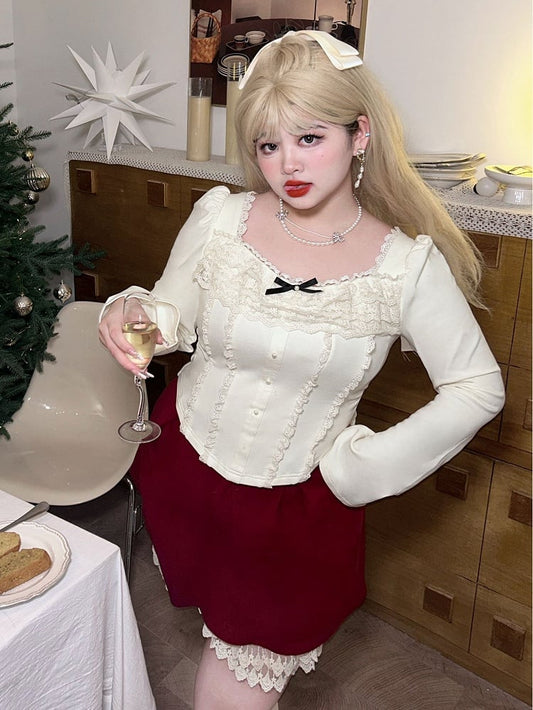 Plus Size Bowknot Details White Lace Trim Long Sleeves Top