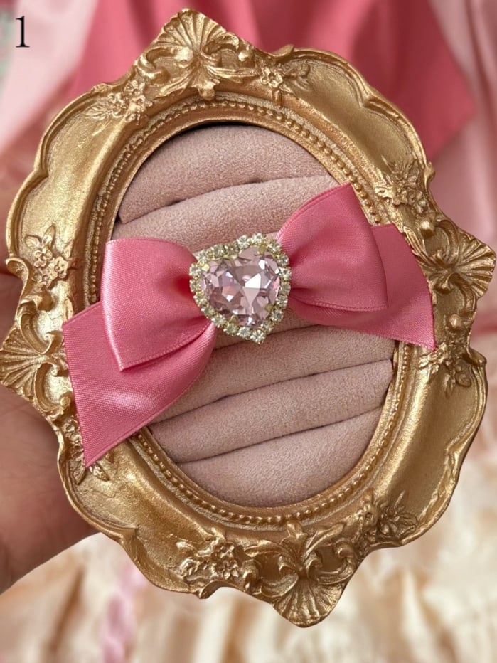 Pink Rhinestone Heart Bowknot Ring + Rhinestone Ring