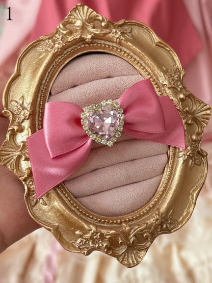 Pink Rhinestone Heart Bowknot Ring + Rhinestone Ring