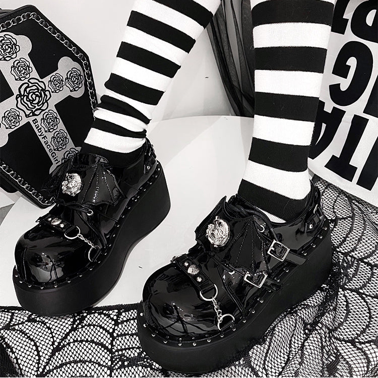 Devil Wings Punk Black Platforms Silver-tone Studs Goth Shoes