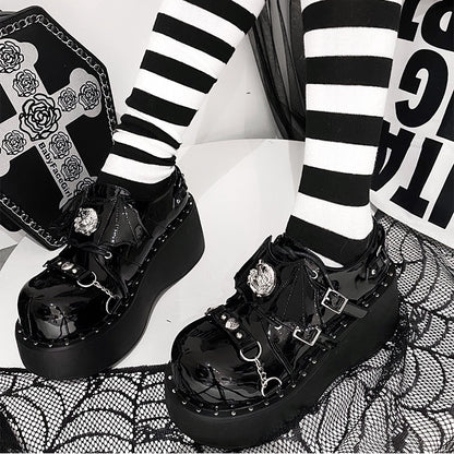 Devil Wings Punk Black Platforms Silver-tone Studs Goth Shoes