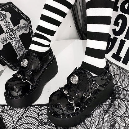 Devil Wings Punk Black Platforms Silver-tone Studs Goth Shoes