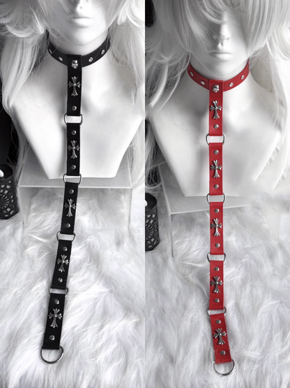Punk Black/Red PU Cross and Stud Embellished Chain Choker