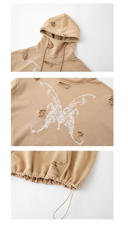 Butterfly Embroidery Camel Distressed Holes Punk Hoodie