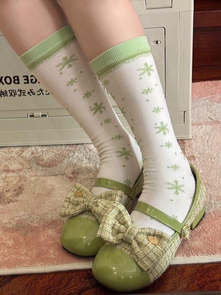 Green Christmas Snowflakes Lolita Calf Socks