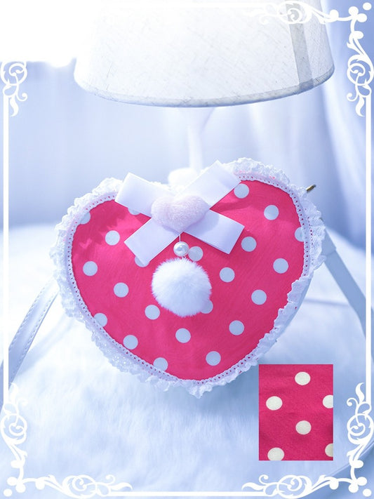 Rose Pink Polka-dot Pattern Beaded Decorated Plush Bunny Design Heart-shaped Crossbody Bag With Pompon