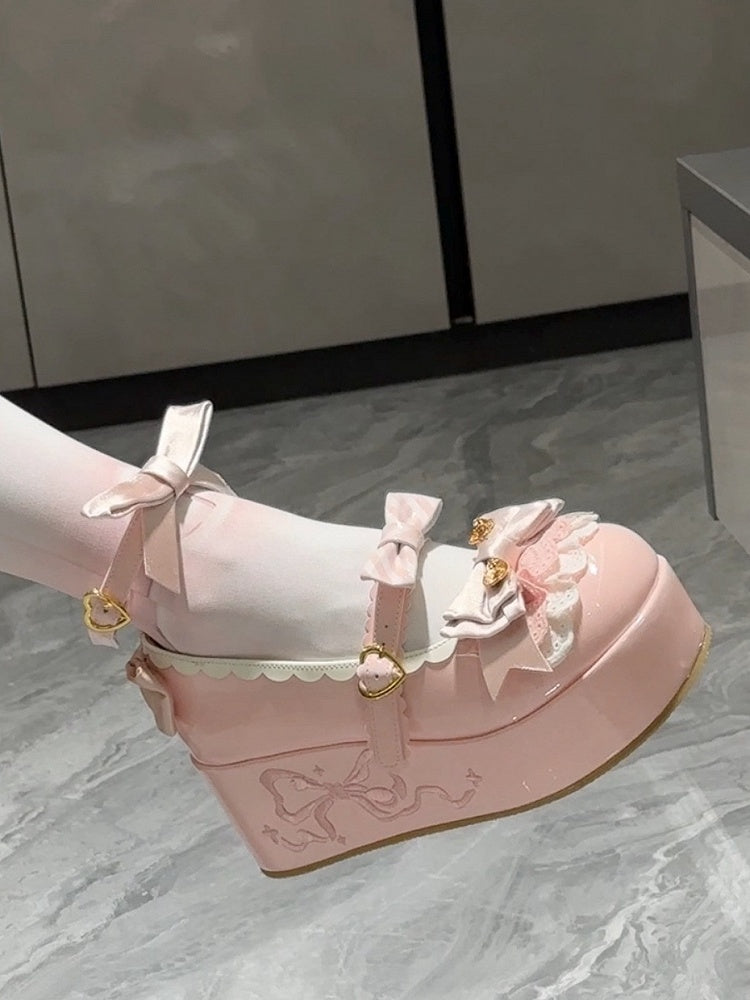 Pink Spoon Decorated Bowknot Details Sweet Lolita Platforms