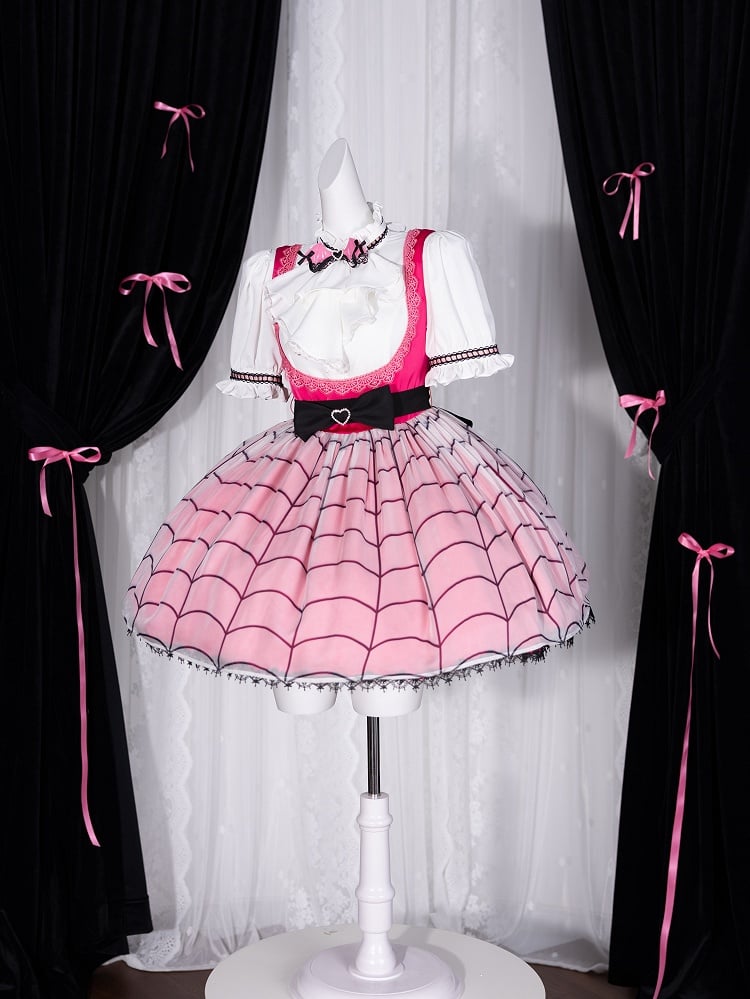 White Jabot Tie Adorned with Pink PU Bat Wings Bowtie