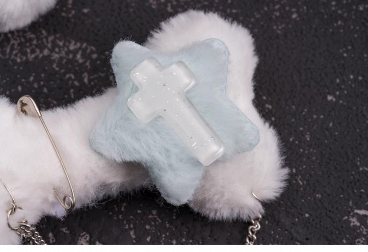 2 Options Star Charm Handmade White Plush Bone Hairclip with Chain
