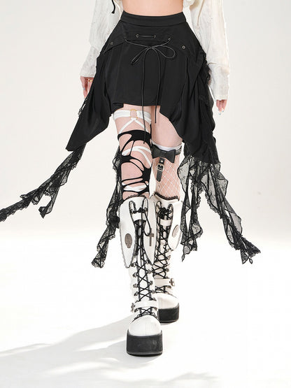 Black Lace-up Detail Cascading Lace Ruffles Skirt